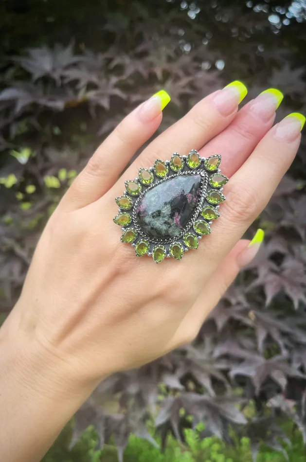 Sterling Silver Eudialyte Peridot Cluster Ring Sophiareneboutiquecom Rings
