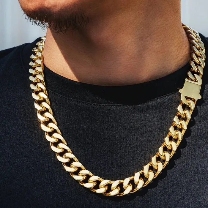 The Golden Time 14mm Curb Cuban Link Chain in 18K Gold KRKC PreStyled Sets